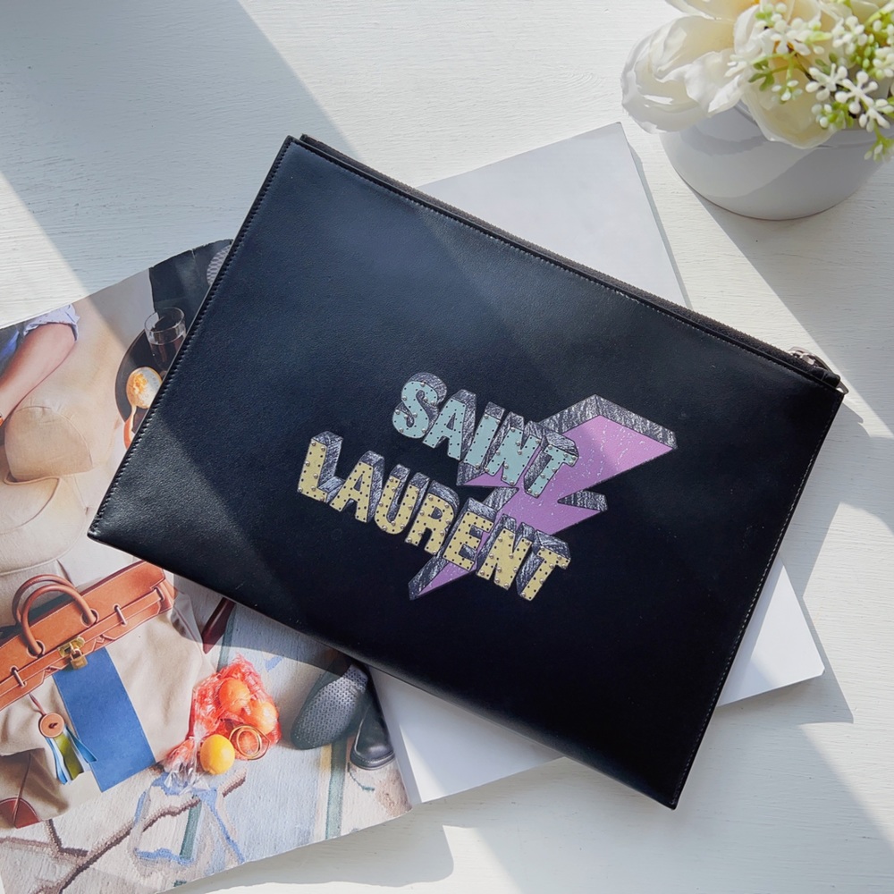 Saint Laurent Black Leather Rider Tablet Case. Black/Multicolor